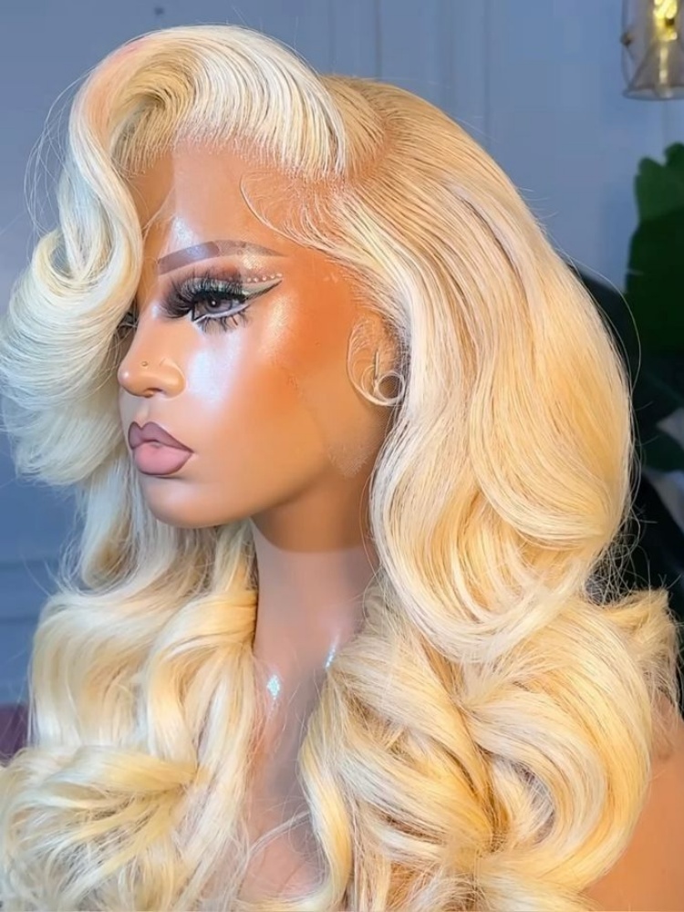 613 Blonde Body Wave Lace Front Wig - Wig Rambut Asli Honey Blonde 613