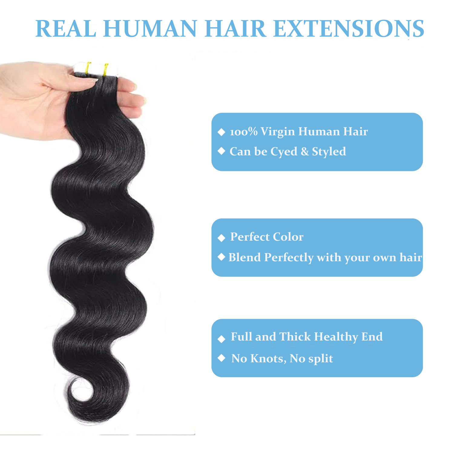 Pita gelombang tubuh panjang d - Invisible Tape In Extensions Real Hair ulasan dan harga