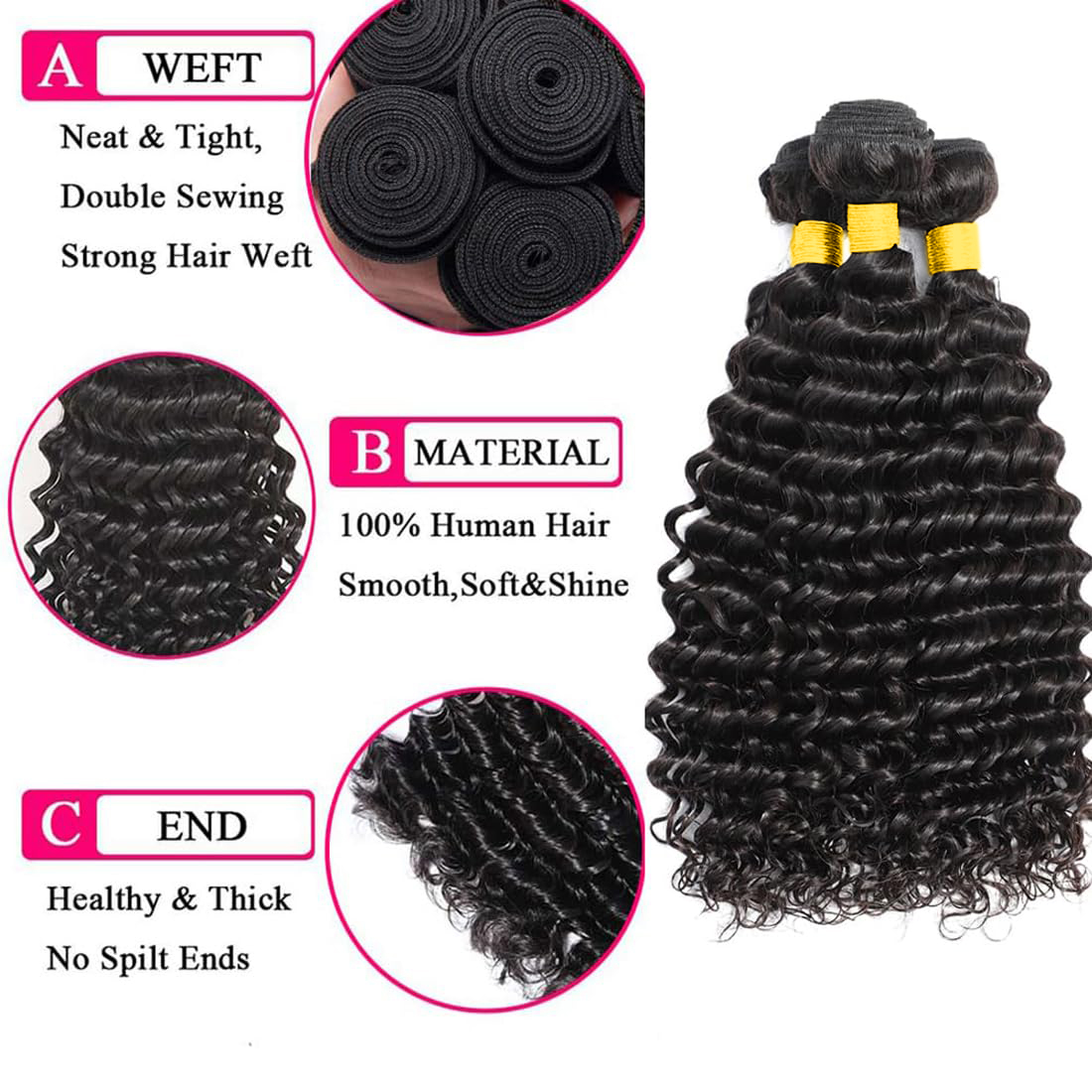 Rambut Manusia Virgin Brazil 1 - Deep Wave 3 Bundles With Closure ulasan dan harga